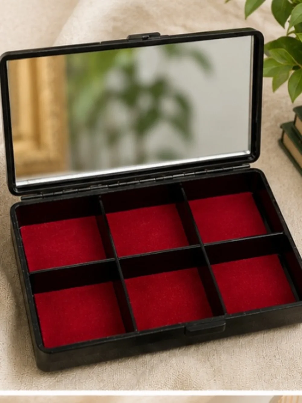 Vintage Hong Kong Black Lacquer Style Floral Jewelry Trinket Box Mirror